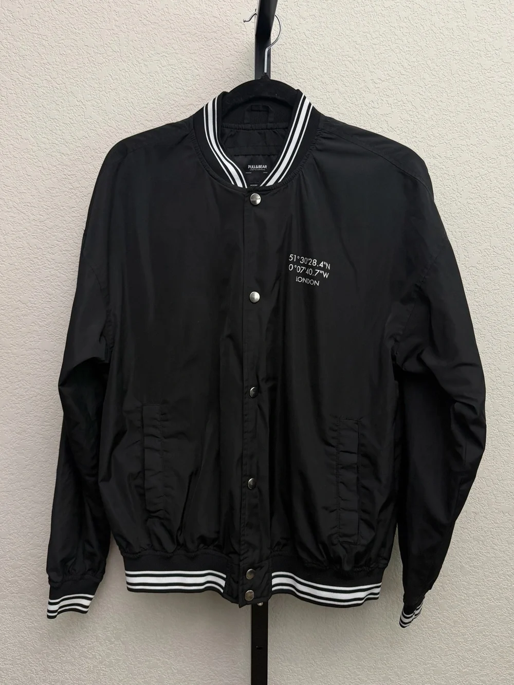 Pull&Bear Men’s Black Bomber Jacket with White Striped Trim
